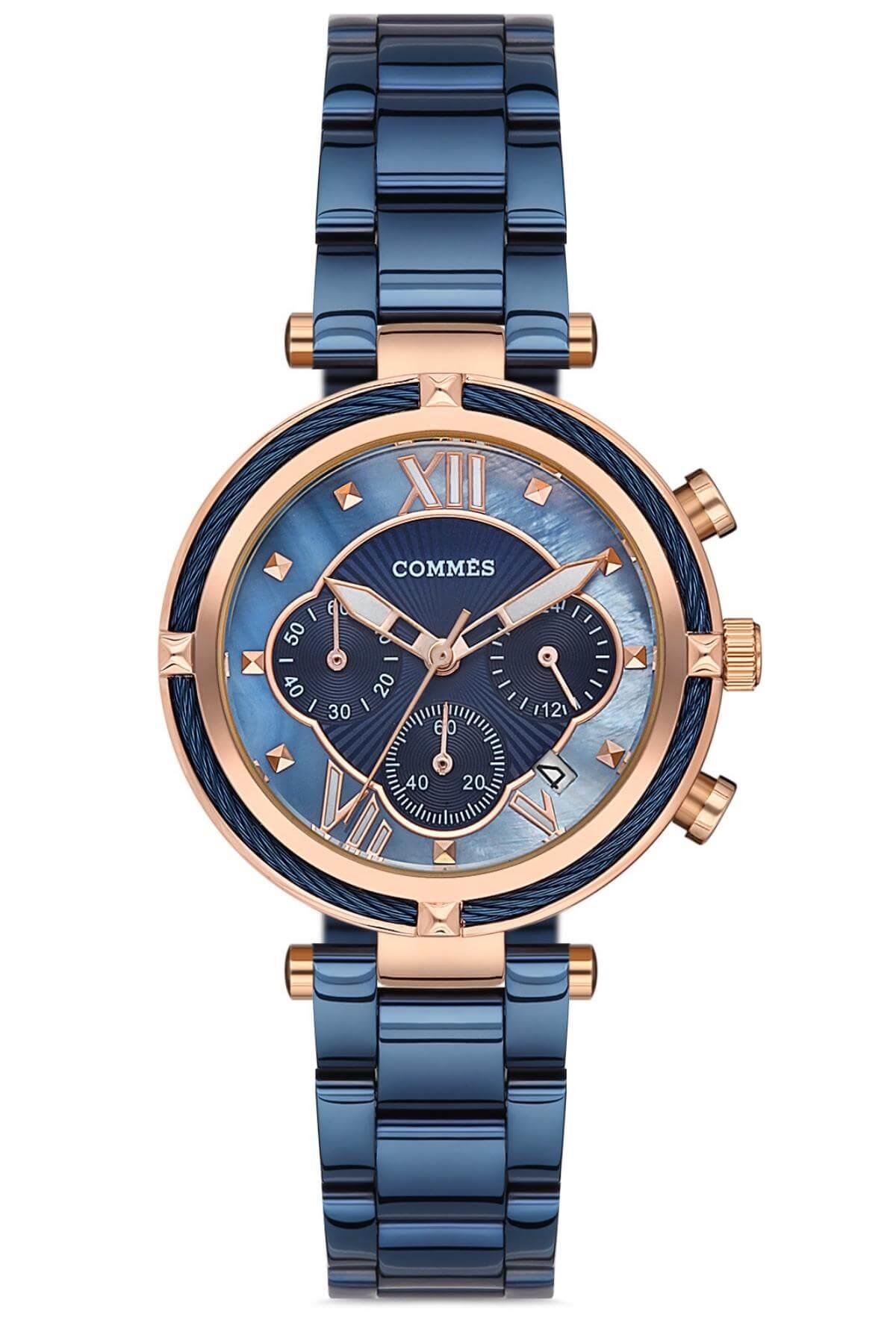 Commes Çelik Kordon Rose Gold Mavi Renk Takvimli Kronometreli Kadın Klasik Kol Saati 0363-MRM