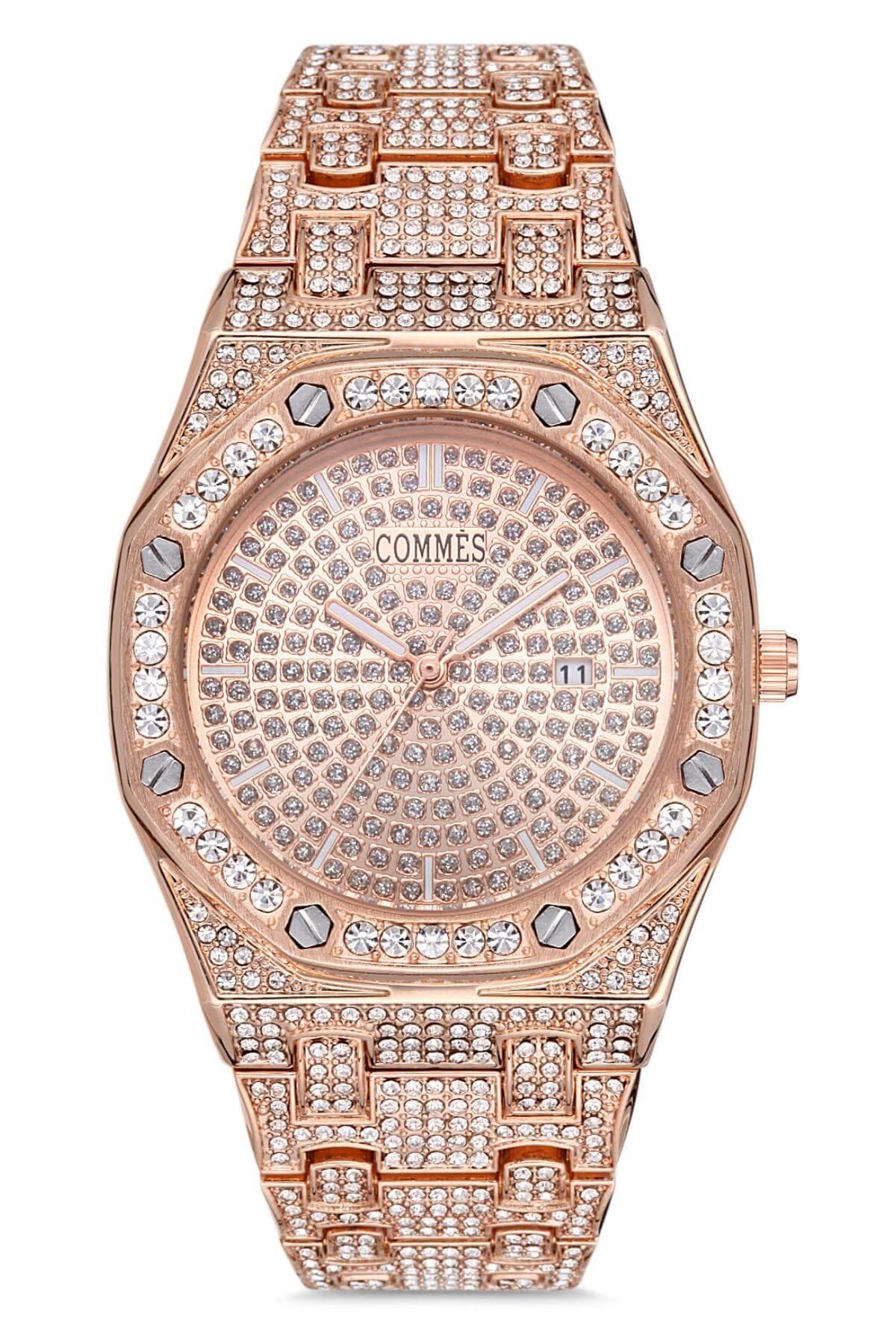 Commes Çelik Kordon Rose Gold Renk Özel Kesim Taş Kaplamalı Kadın Klasik Kol Saati 1084-RRR
