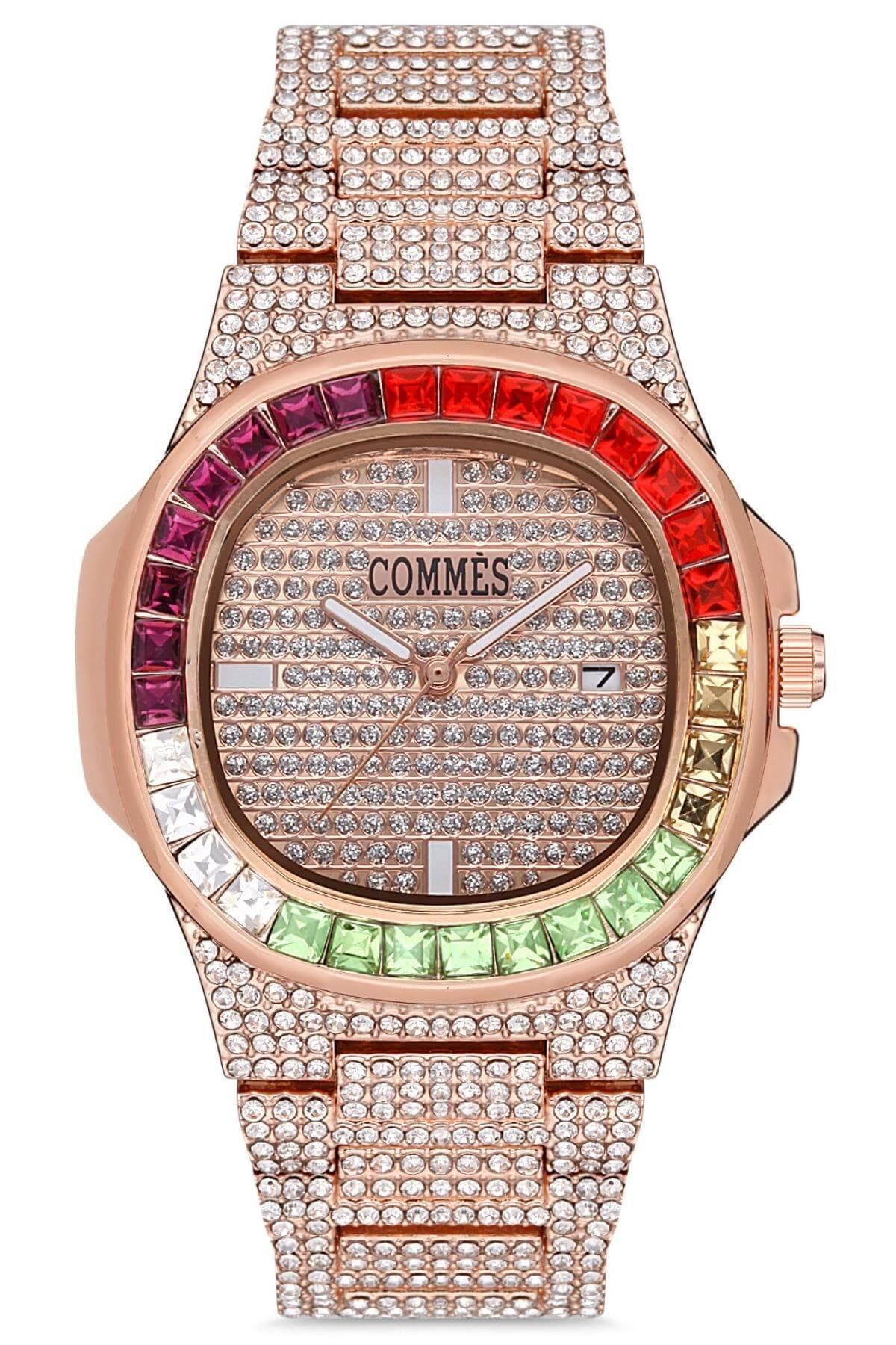 Commes Çelik Kordon Rose Gold Renk Özel Kesim Taş Kaplamalı Kadın Klasik Kol Saati 1085-RRR