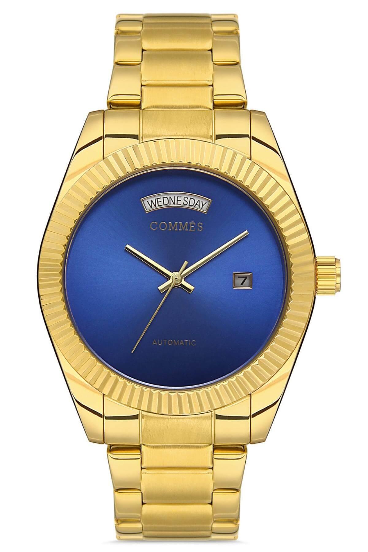 Commes Otomatik Şarj Mekanizmalı Çelik Kordon Altın Mavi Takvimli Erkek Klasik Kol Saati 8147C-GGM