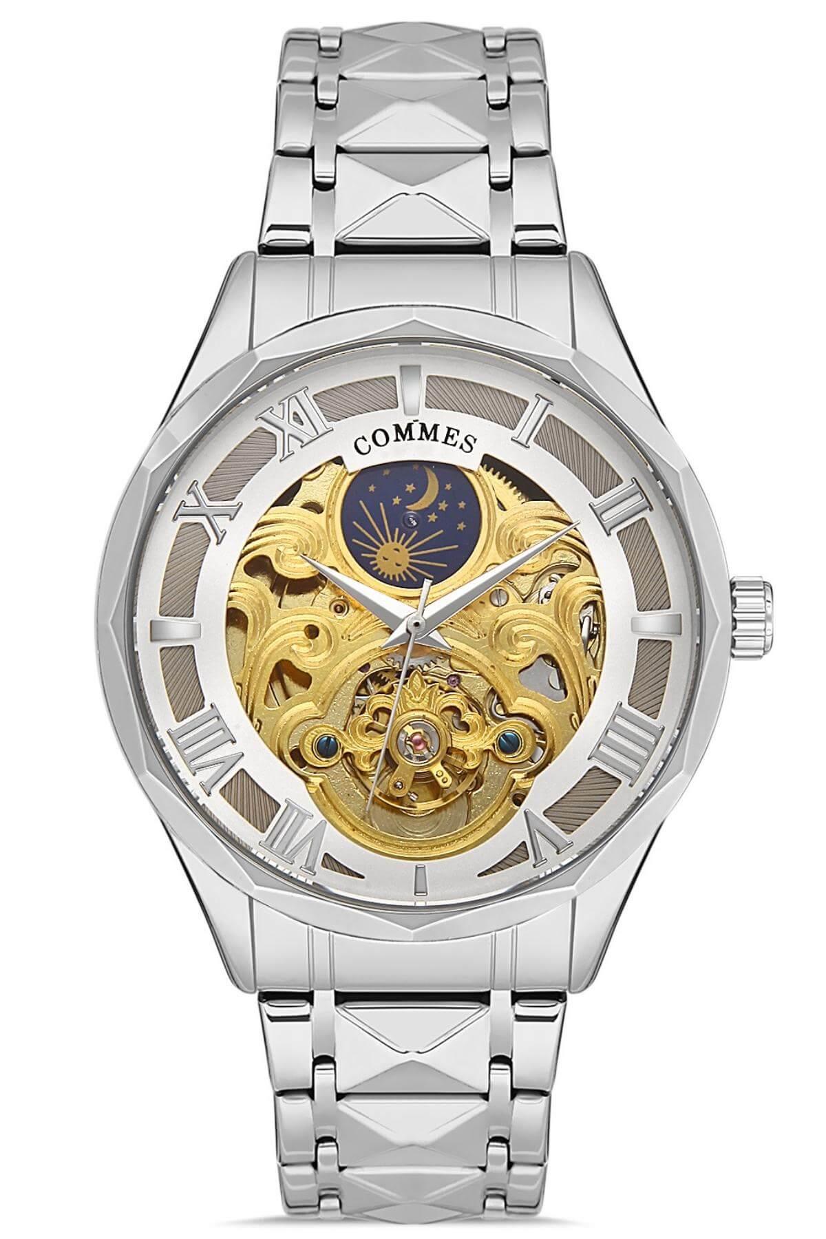 Commes Otomatik Şarj Mekanizmalı Çelik Kordon Gümüş Altın Renk Erkek Klasik Kol Saati 8154C-SSW