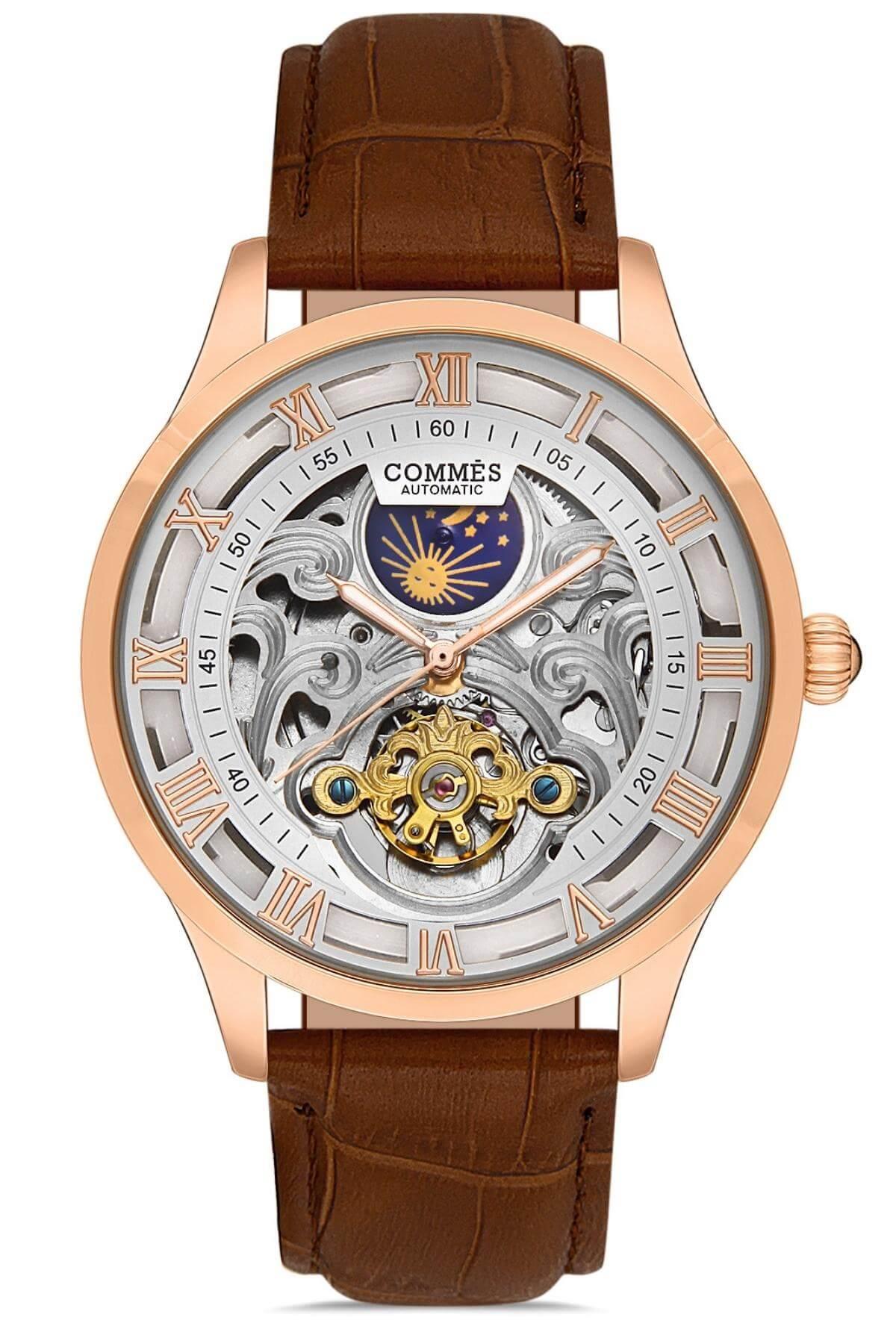Commes Otomatik Şarj Mekanizmalı Deri Kordon Rose Gold Kahve Renk Erkek Klasik Kol Saati 8152D-KRW