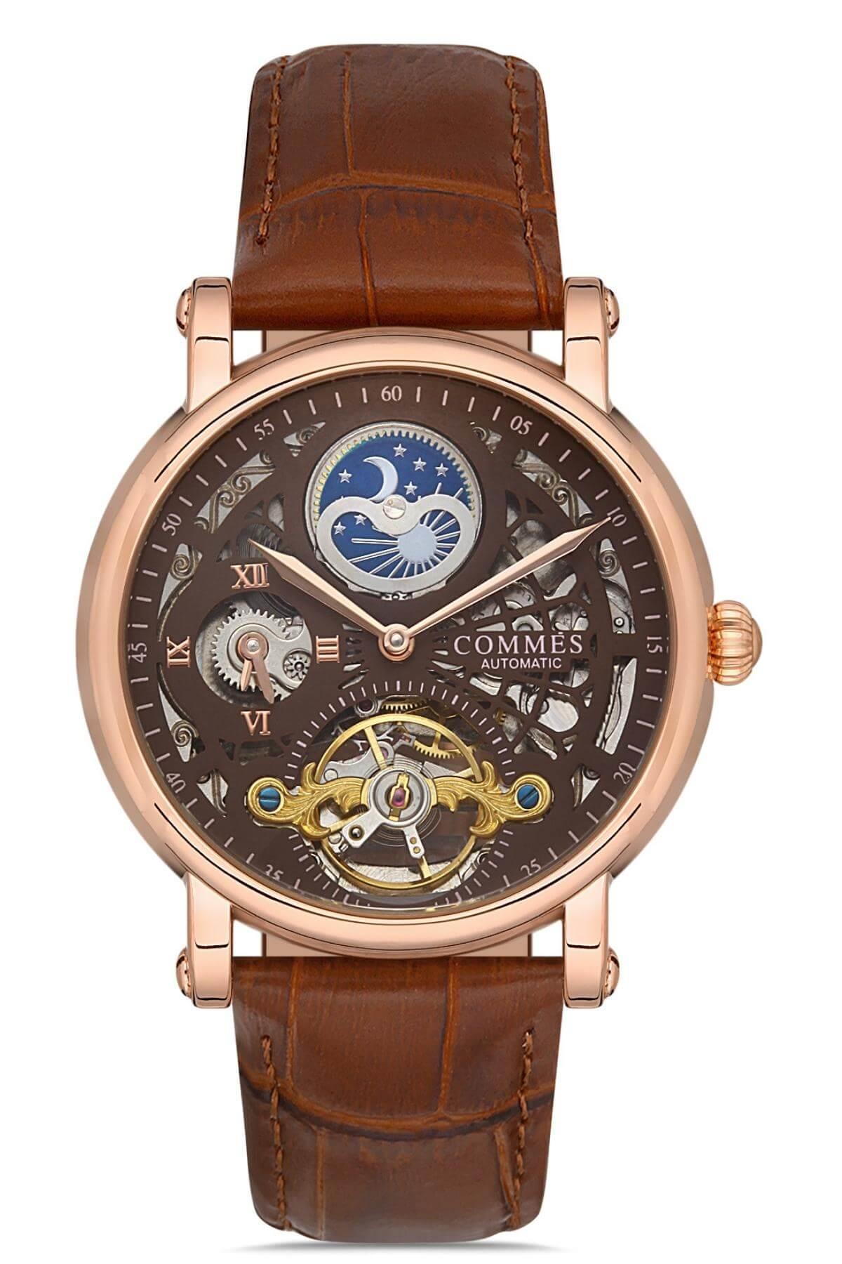 Commes Otomatik Şarj Mekanizmalı Deri Kordon Rose Kahve Renk Erkek Klasik Kol Saati 8135DY-KRK