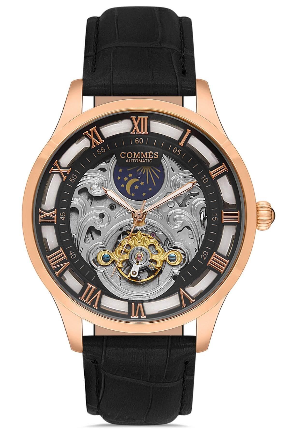 Commes Otomatik Şarj Mekanizmalı Deri Kordon Siyah Rose Gold Renk Erkek Klasik Kol Saati 8152D-BRB