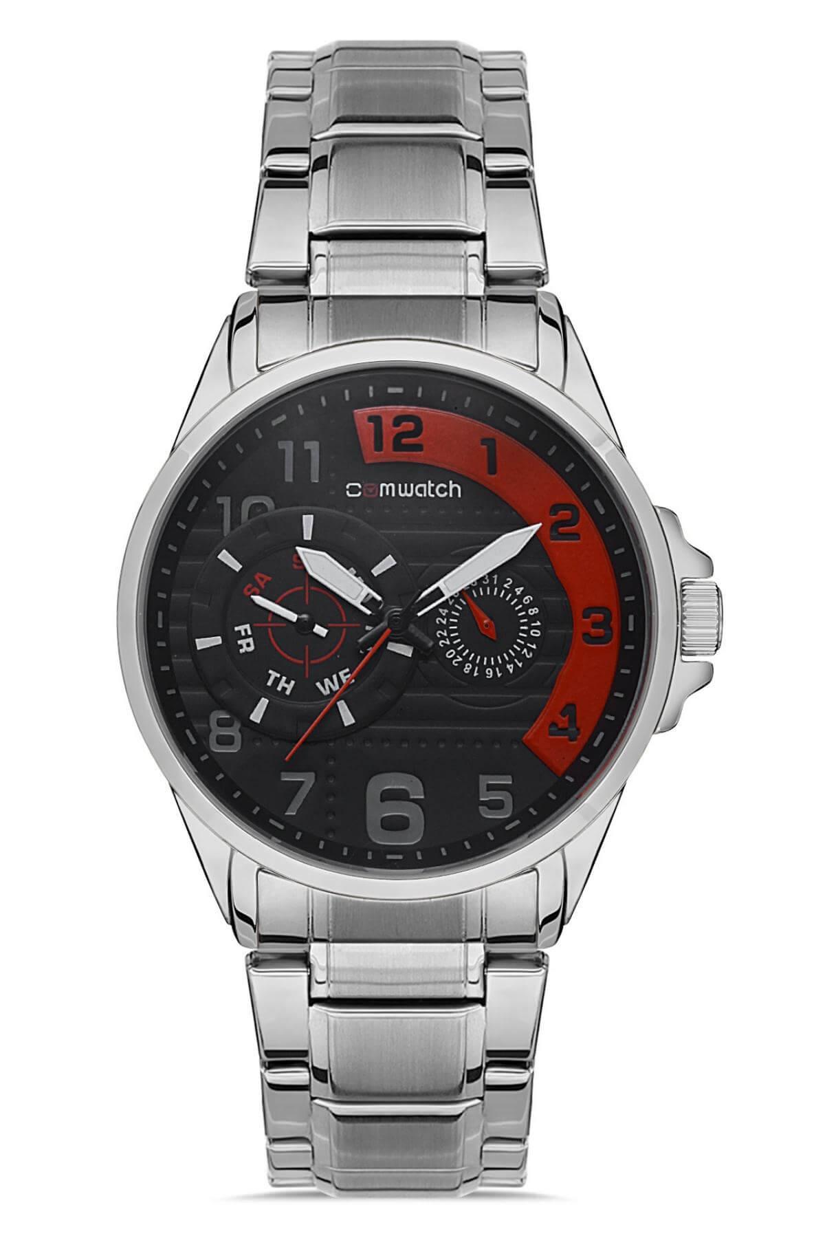 Comwatch Çelik Kordon Gümüş Kırmızı Renk Kronometreli Erkek Klasik Kol Saati 3001-SSK