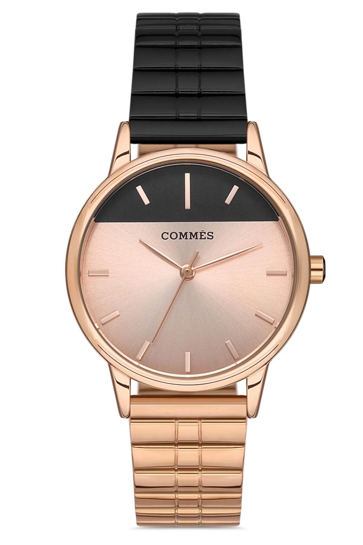 Commes Çelik Çift Renk Kordon Rose Gold Siyah Renk Kadın Klasik Kol Saati 0370-RRB