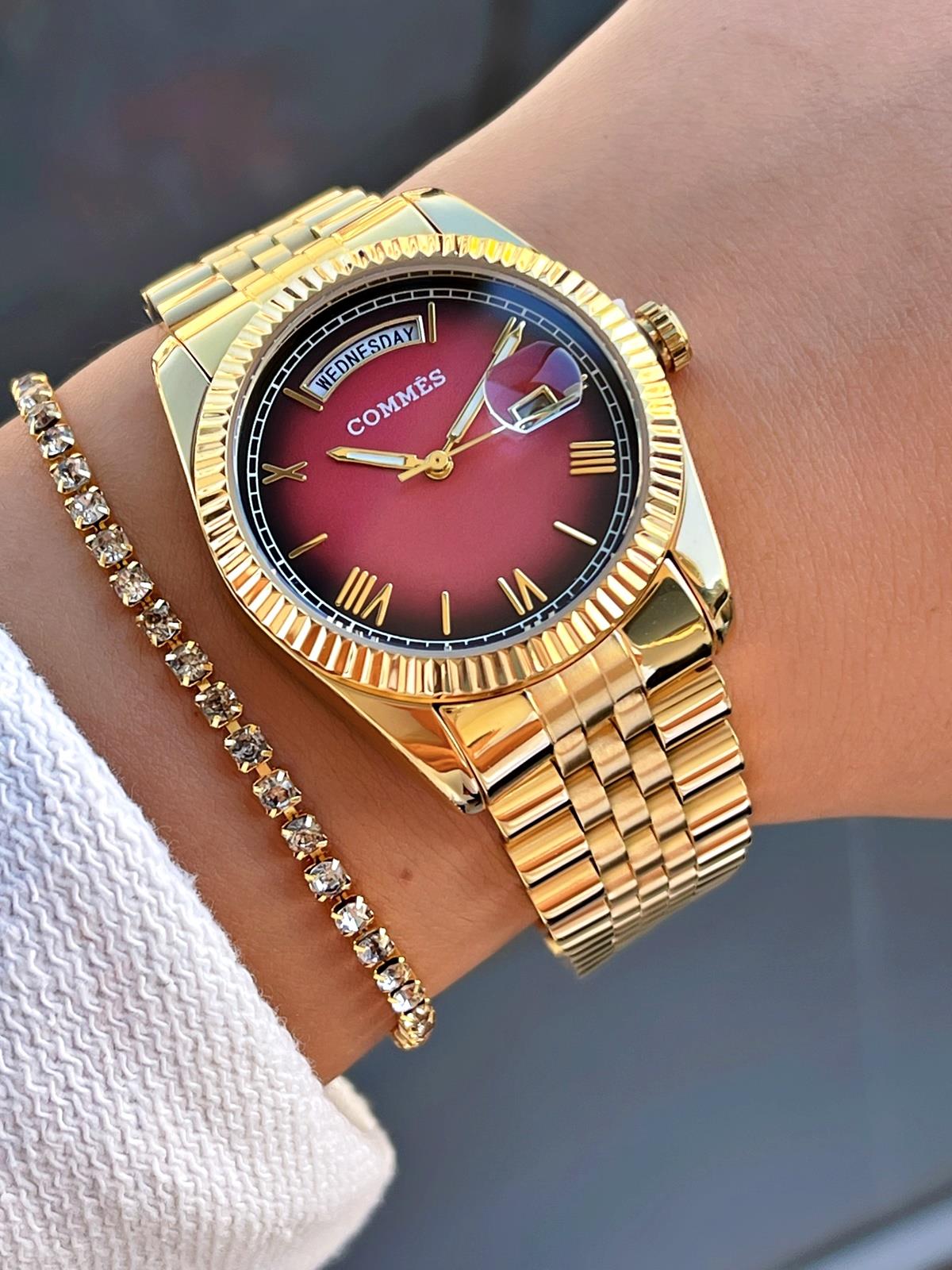 Commes Çelik Kordon Altın Kırmızı Renk Özel Kesim Camlı Takvimli Kadın Klasik Kol Saati 0364L-GGK