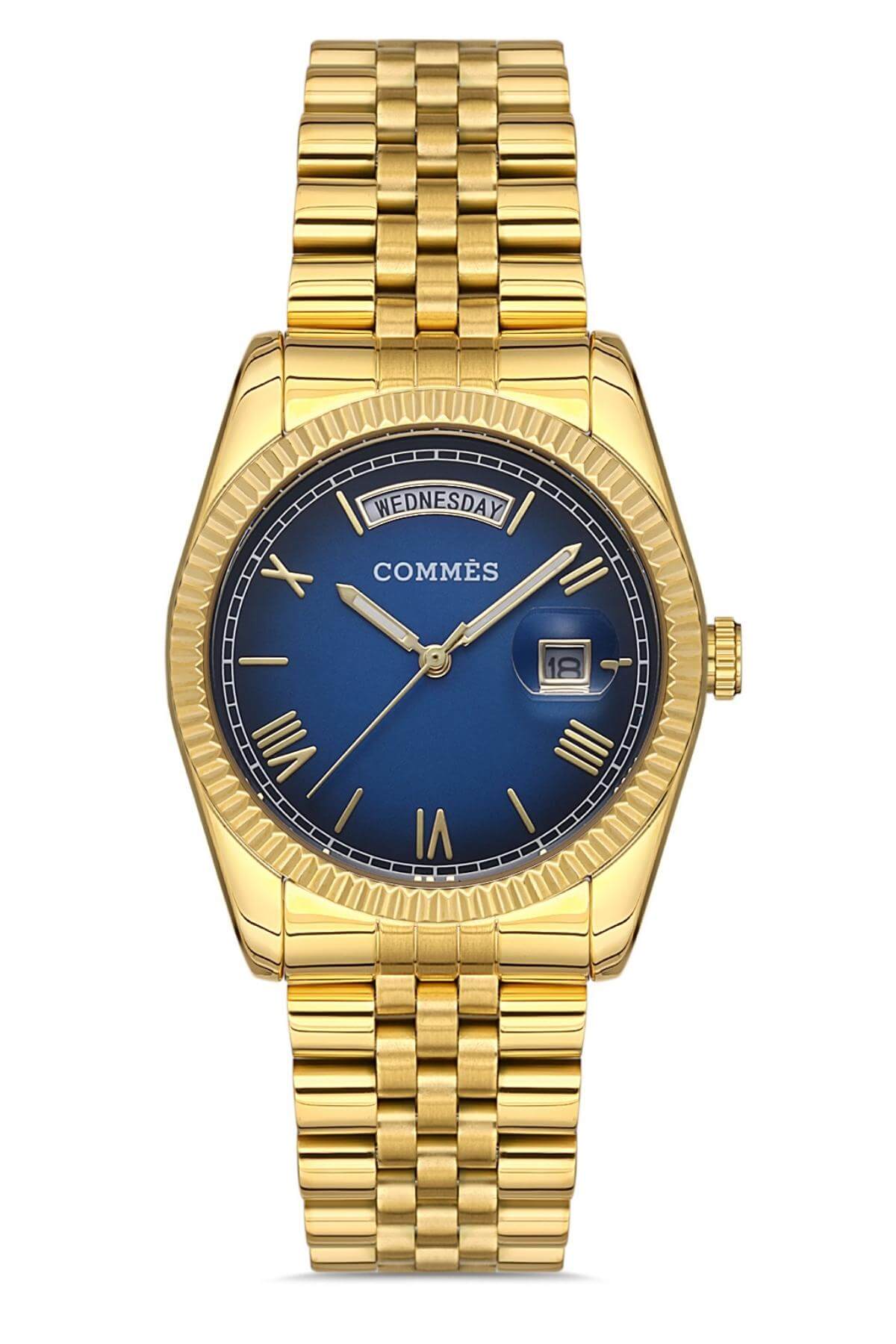 Commes Çelik Kordon Altın Mavi Renk Özel Kesim Camlı Takvimli Kadın Klasik Kol Saati 0364L-GGM