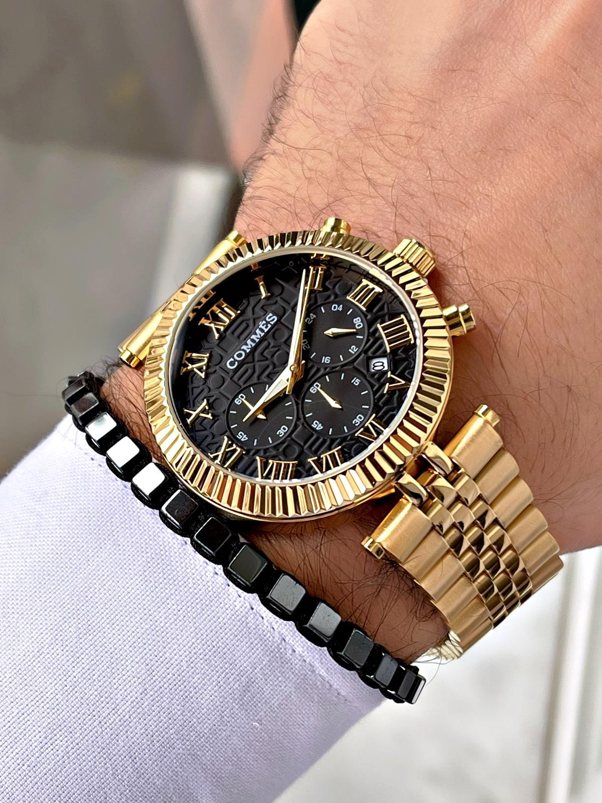 Commes Çelik Kordon Altın Siyah Renk Özel Kesim Kasa Kronometreli Erkek Klasik Kol Saati 0365-GGB