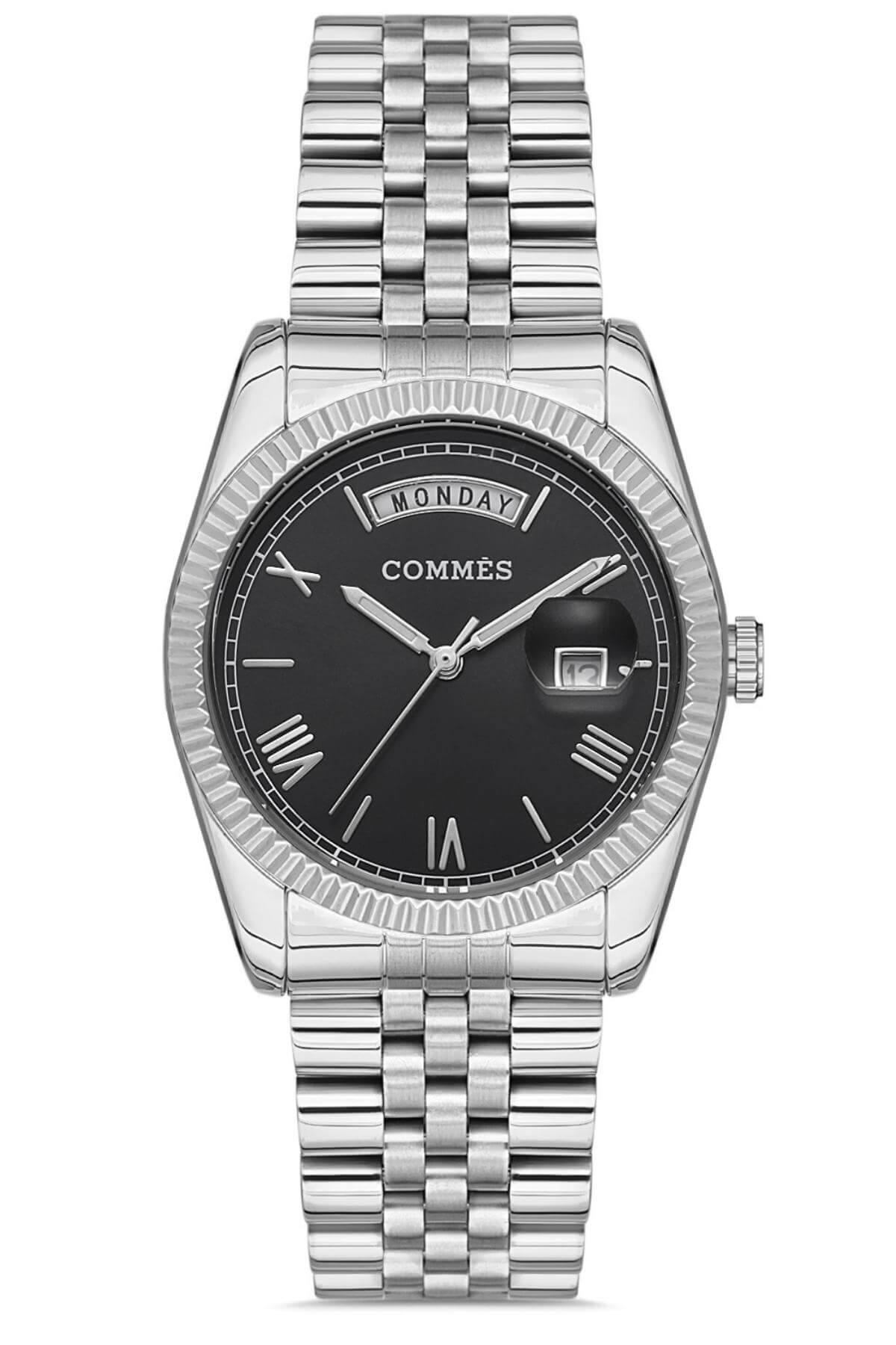 Commes Çelik Kordon Gümüş Siyah Renk Özel Kesim Camlı Takvimli Kadın Klasik Kol Saati 0364L-SSB