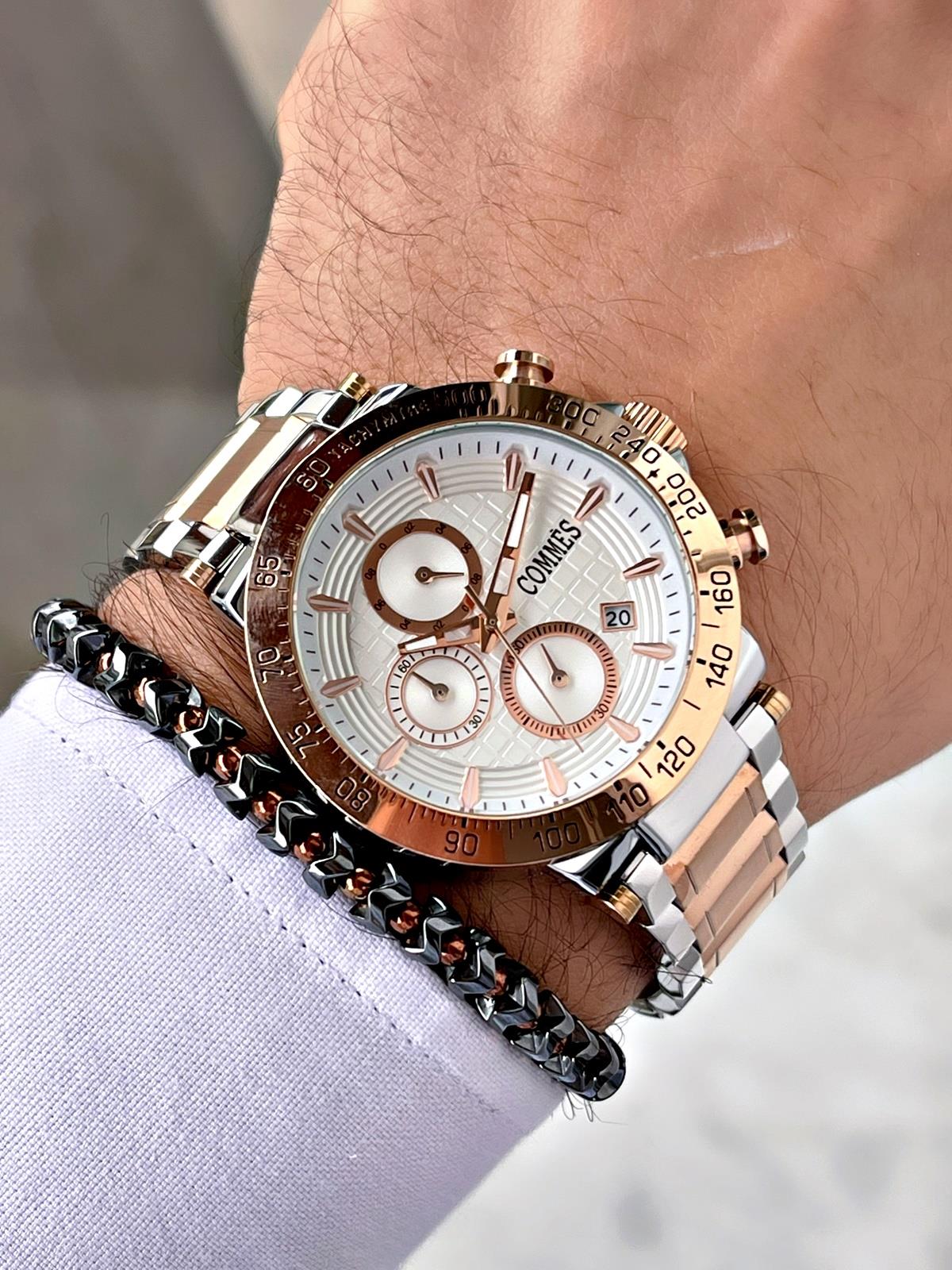 Commes Çelik Kordon Kronometre ve Takvimli Gümüş Rose Gold Renk Unisex Klasik Kol Saati CM1904-SRW