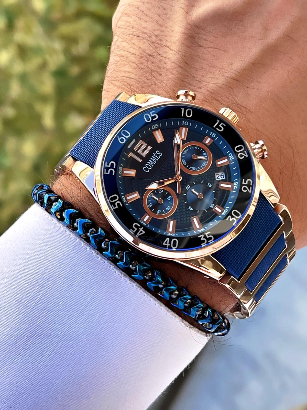 Commes Çelik Kordon Kronometre ve Takvimli Rose Gold Mavi Renk Unisex Klasik Kol Saati CM1902-RMRR