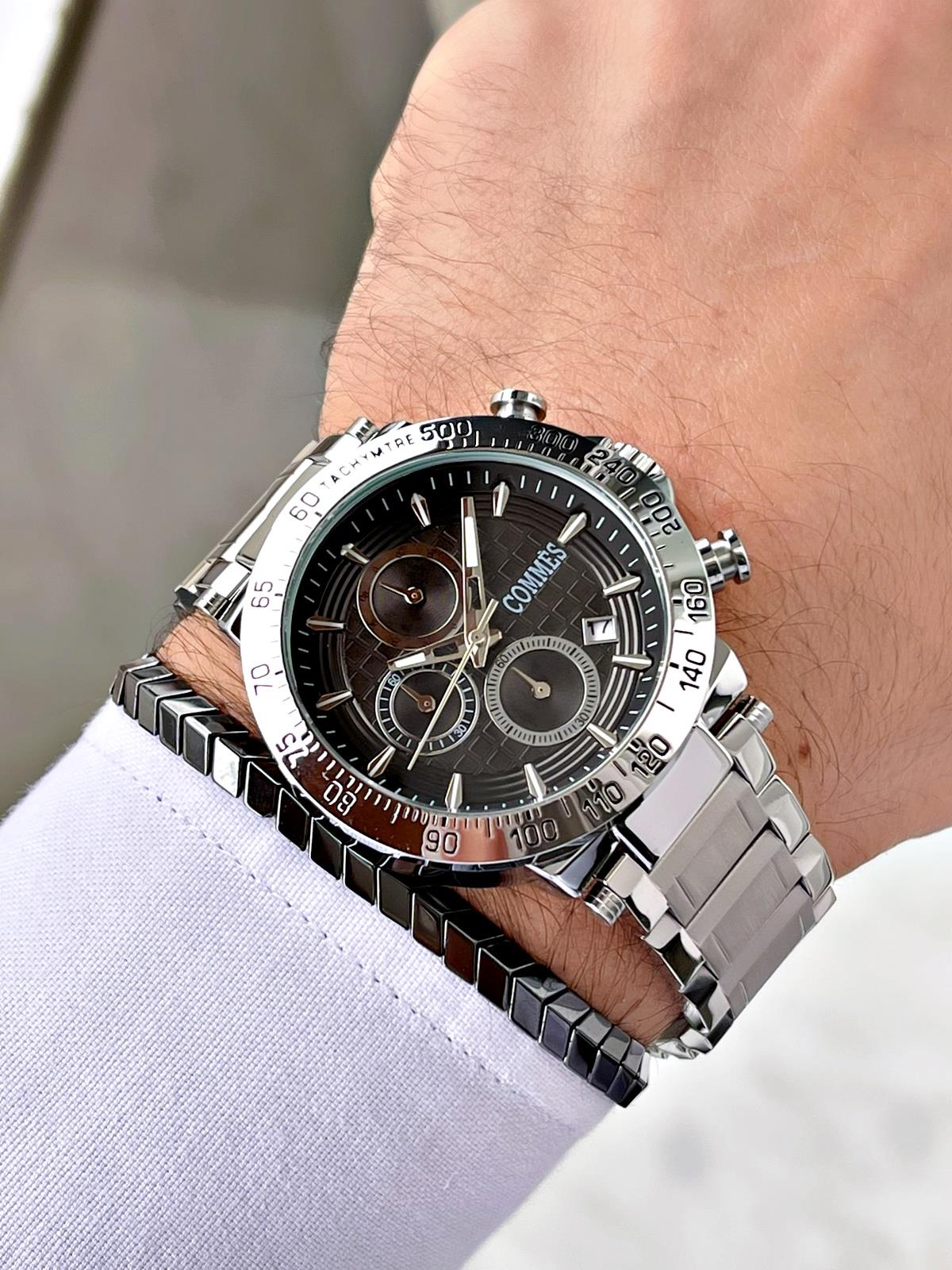 Commes Çelik Kordon Kronometre ve Takvimli Gümüş Siyah Renk Unisex Klasik Kol Saati CM1904-SSB