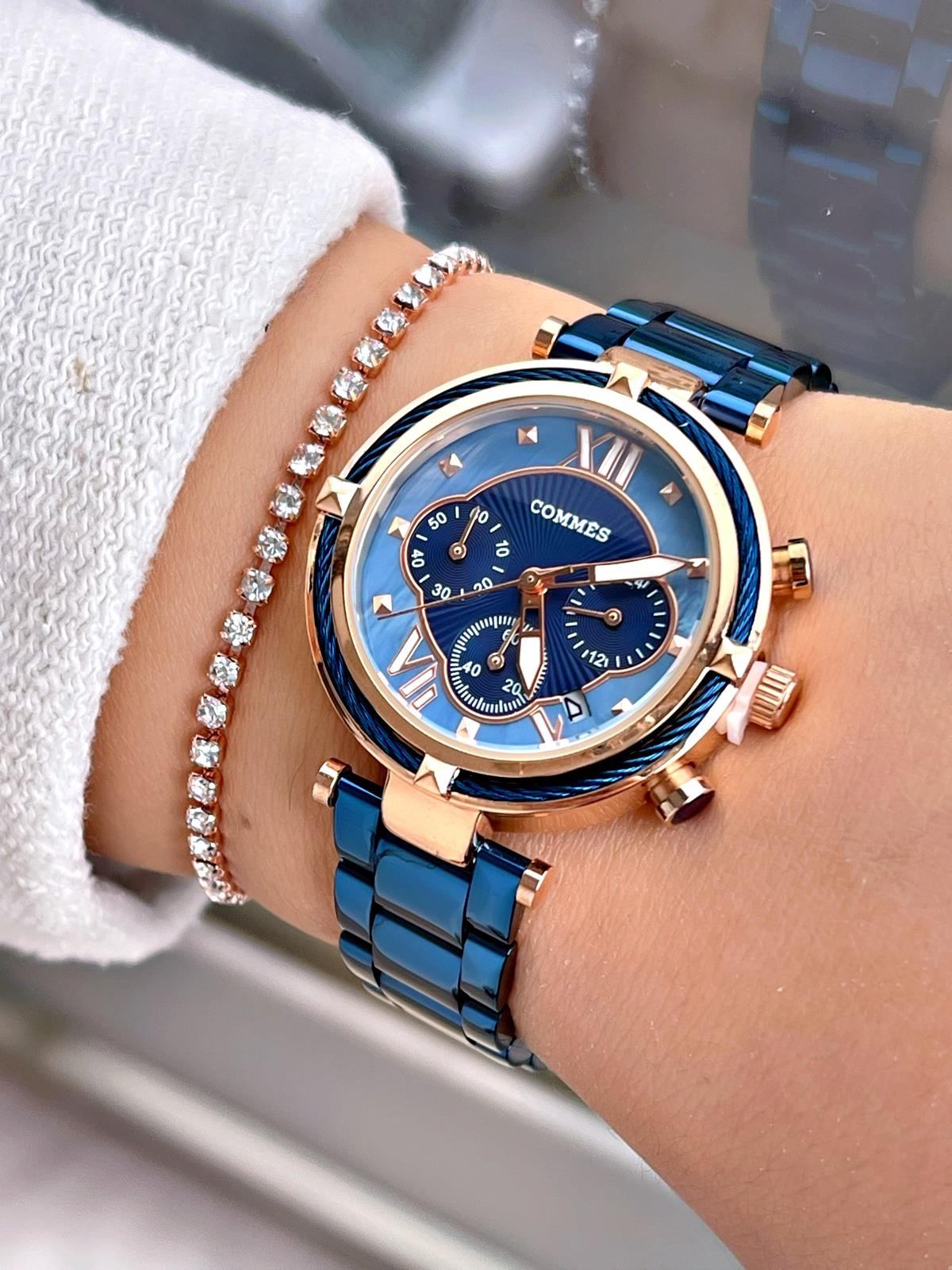 Commes Çelik Kordon Rose Gold Mavi Renk Takvimli Kronometreli Kadın Klasik Kol Saati 0363-MRM