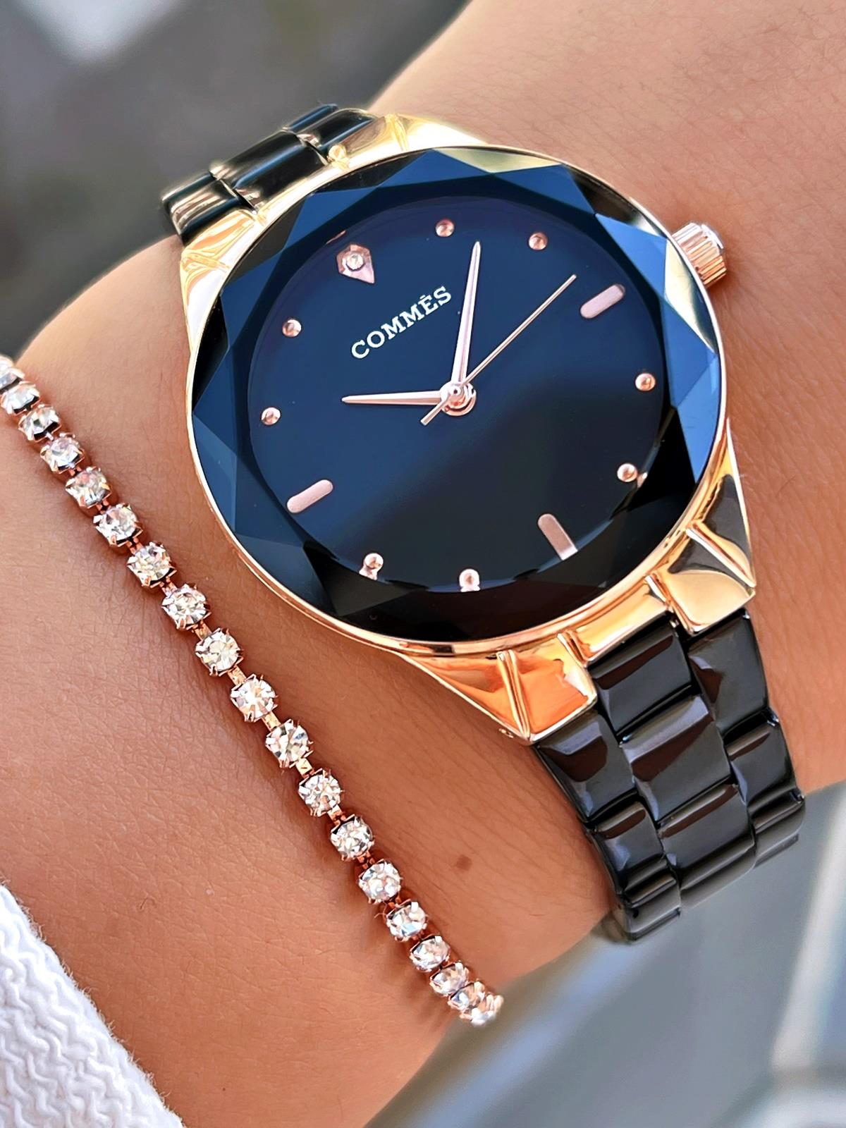 Commes Çelik Kordon Rose Gold Siyah Renk Özel Kesim Taş Süslemeli Kadın Klasik Kol Saati 0371-BRB