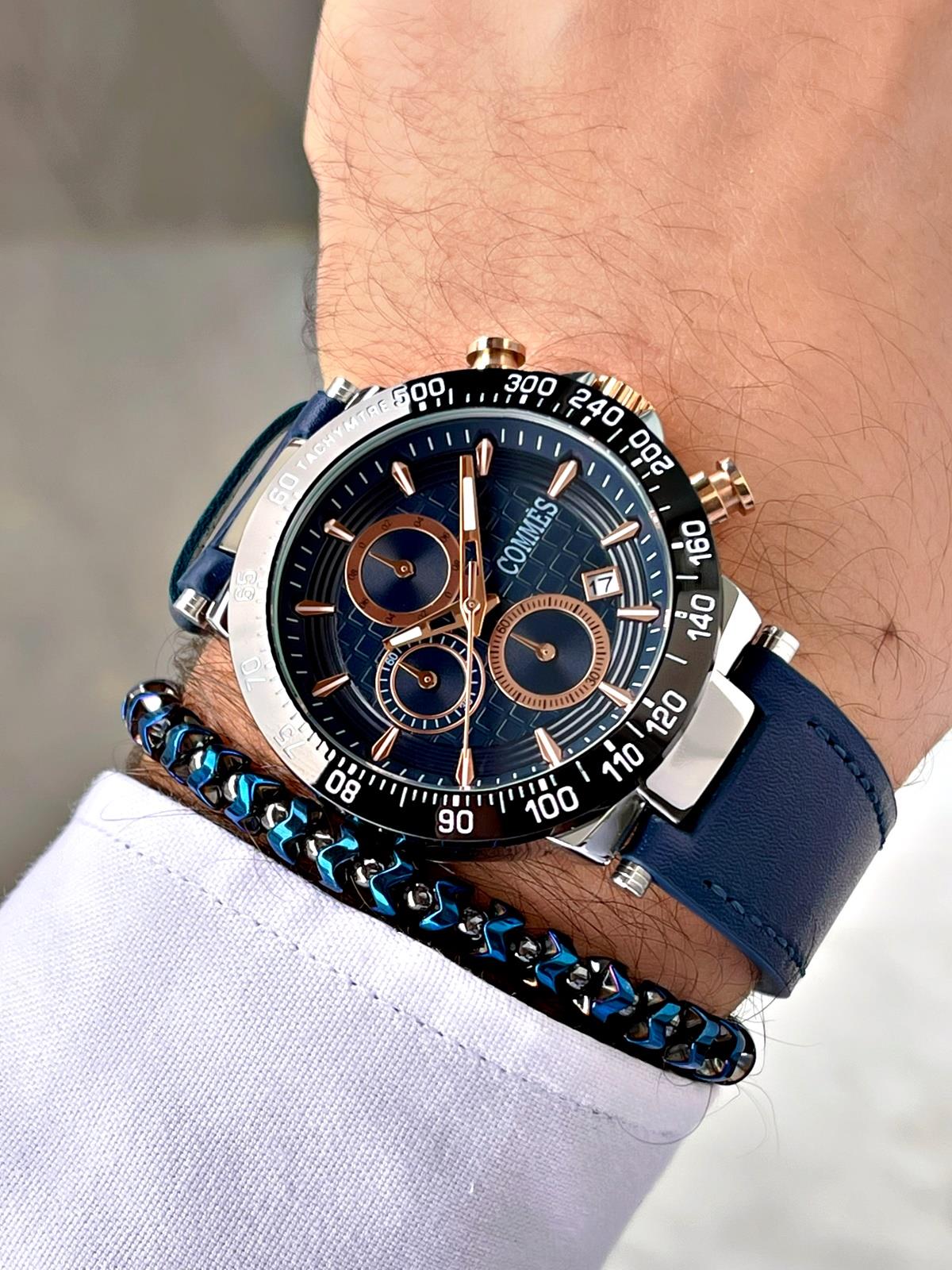 Commes Deri Kordon Kronometre ve Takvimli Mavi Gümüş Renk Unisex Klasik Kol Saati CM1903D-MSBR