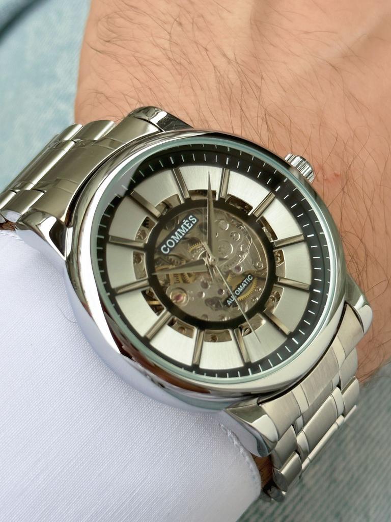Commes Otomatik Şarj Mekanizmalı Çelik Kordon Gümüş Siyah Renk Erkek Klasik Kol Saati 8153C-SSB
