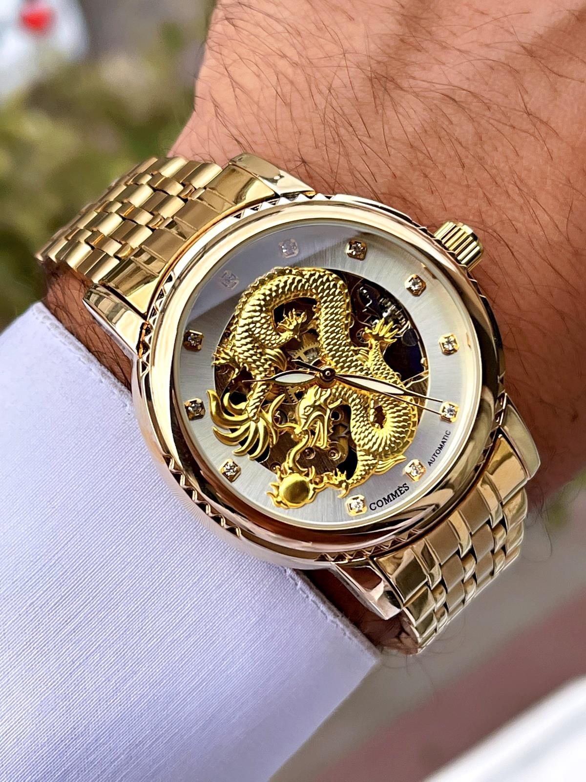 Commes Otomatik Şarj Mekanizmalı Çelik Altın Renk Ejderha Motifli Erkek Kol Saati 7022-GGS