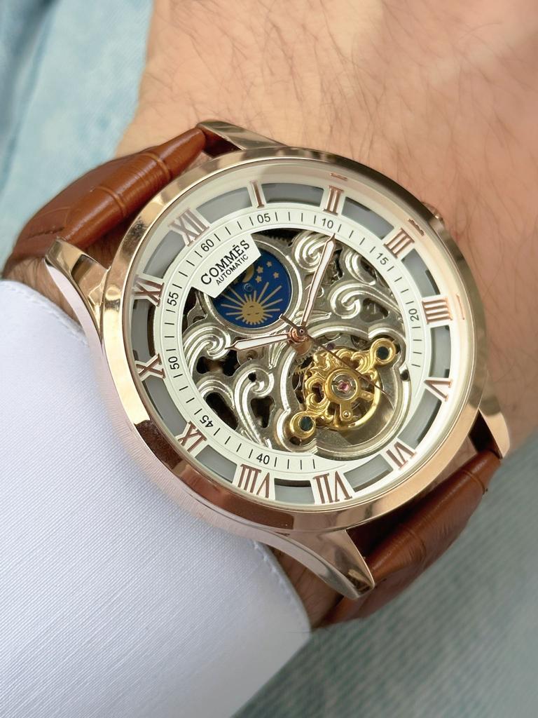 Commes Otomatik Şarj Mekanizmalı Deri Kordon Rose Gold Kahve Renk Erkek Klasik Kol Saati 8152D-KRW