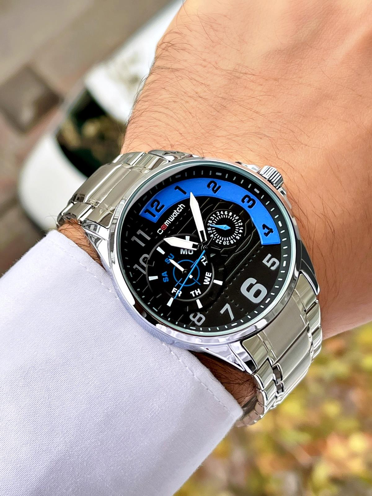 Comwatch Çelik Kordon Gümüş Lacivert Renk Takvimli Erkek Klasik Kol Saati 3001-SSM