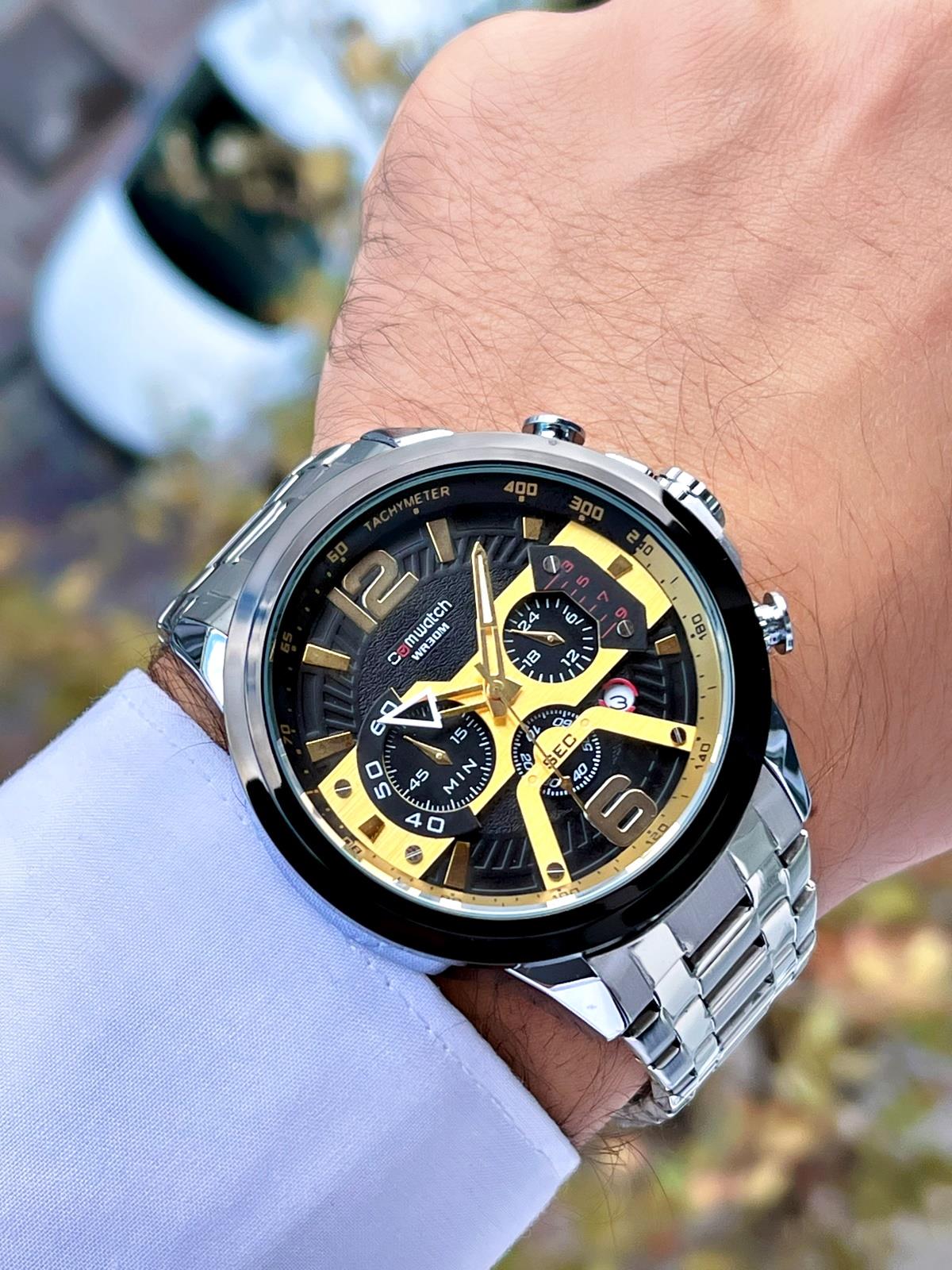 Comwatch Çelik Kordon Kronometre ve Takvimli Gümüş Gold Renk Erkek Klasik Kol Saati 3007-SSBG