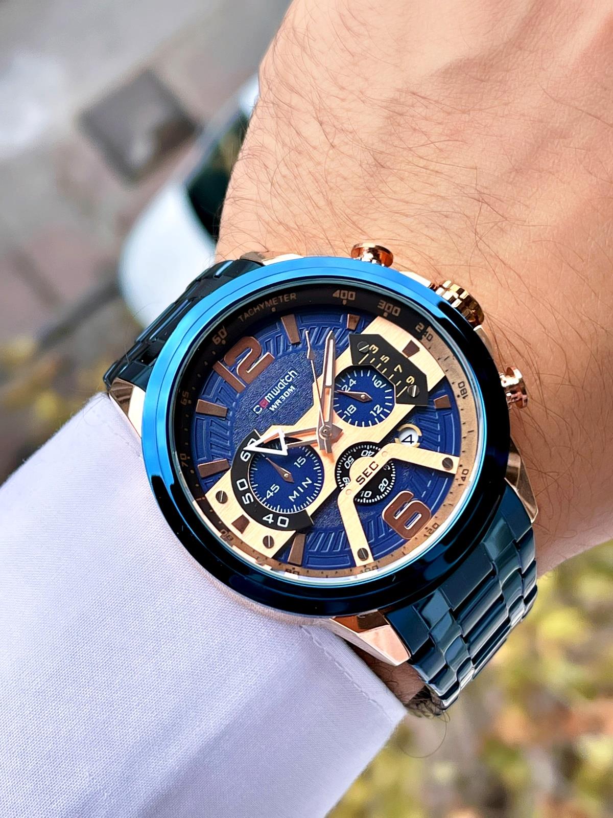 Comwatch Çelik Kordon Kronometre ve Takvimli Rose Gold Lacivert Renk Erkek Klasik Kol Saati 3007-MRMR