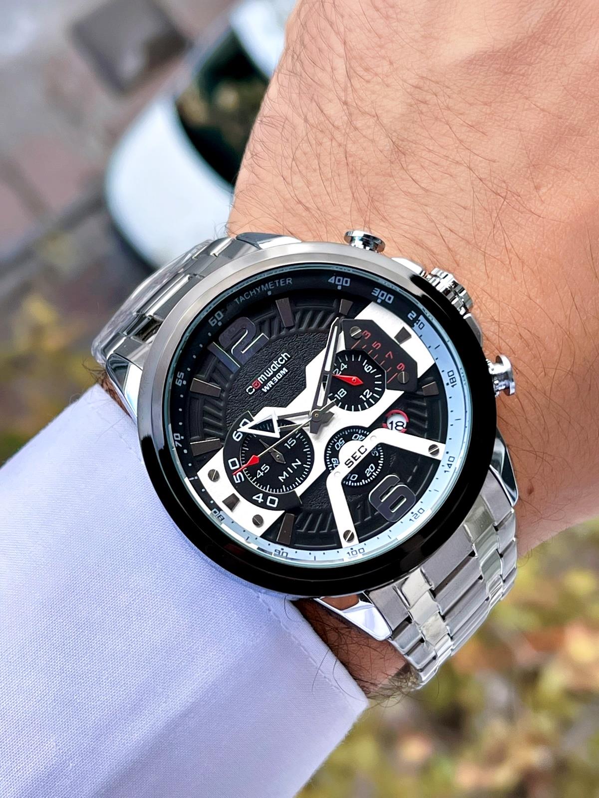 Comwatch Çelik Kordon Kronometre ve Takvimli Gümüş Siyah Renk Erkek Klasik Kol Saati 3007-SSBS