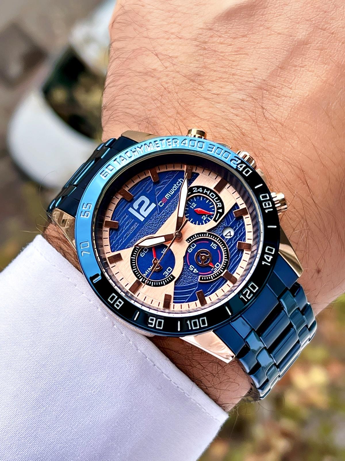 Comwatch Çelik Kordon Mavi Rose Renk Kronometreli Takvimli Erkek Klasik Kol Saati 3008-MRMR
