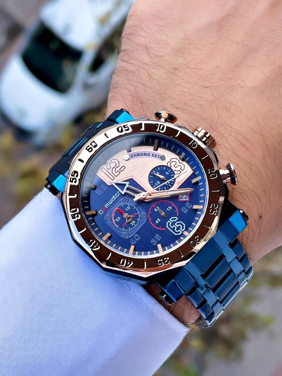 Comwatch Çelik Kordon Rose Mavi Renk Kronometre ve Takvimli Erkek Klasik Kol Saati 3005-MRMR