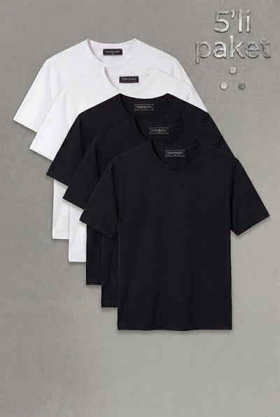 5'Li Paket %100 Pamuk 3 Siyah 2 Beyaz T-Shirt Erkek Çok Renkli T-Shirt TBTSHRT130