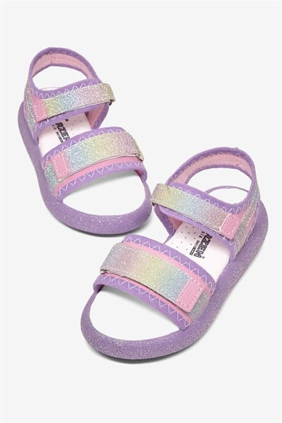 Çocuk Çift Cırtlı Simli Sandalet Çocuk Unisex Lila Gökkuşağı Sandalet TBARZ1140