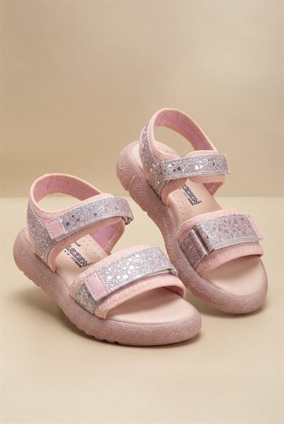 Çocuk Çift Cırtlı Simli Sandalet Çocuk Unisex Pudra Simli Sandalet TBARZ1140