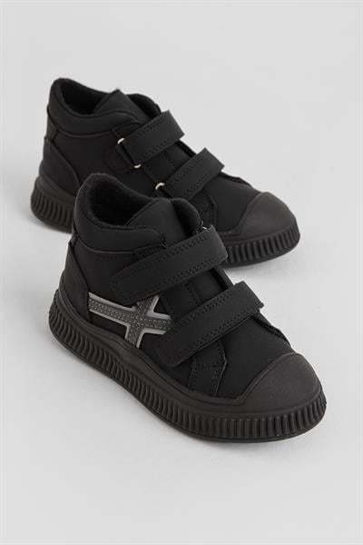 Esnek Termo Taban Çift Cırtlı Şerit Desenli Çocuk Unisex Siyah Spor Kısa Bot TBRZN015