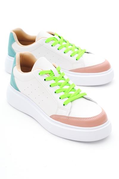 Kadın Beyaz Yeşil Rahat Kalıp Poli Taban Bağcıklı Spor Ayakkabı