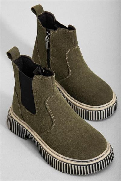 Kalın Tırtıklı Termo Taban Fermuarlı Lastikli Çocuk Unisex Haki Süet Chelsea Bot TBGRF005