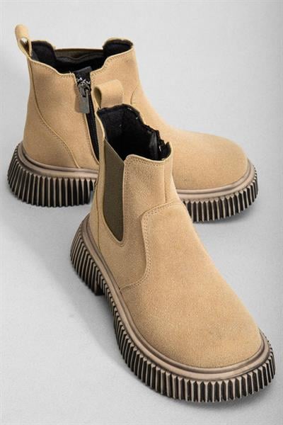 Kalın Tırtıklı Termo Taban Fermuarlı Lastikli Çocuk Unisex Krem Süet Chelsea Bot TBGRF005