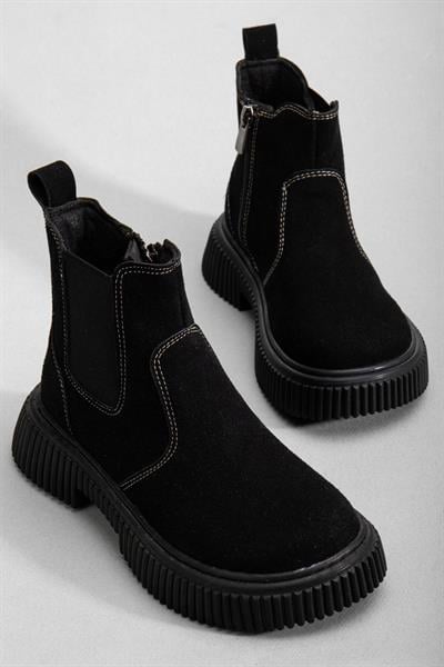 Kalın Tırtıklı Termo Taban Fermuarlı Lastikli Çocuk Unisex Siyah Süet Chelsea Bot TBGRF005