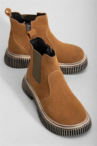 Kalın Tırtıklı Termo Taban Fermuarlı Lastikli Çocuk Unisex Taba Süet Chelsea Bot TBGRF005