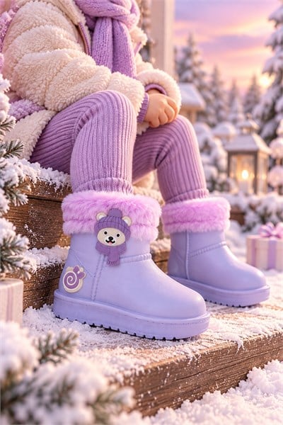 Kürk Detaylı Su Geçirmez Yağmur Bot Çocuk Unisex Lila Bot TBCCK005