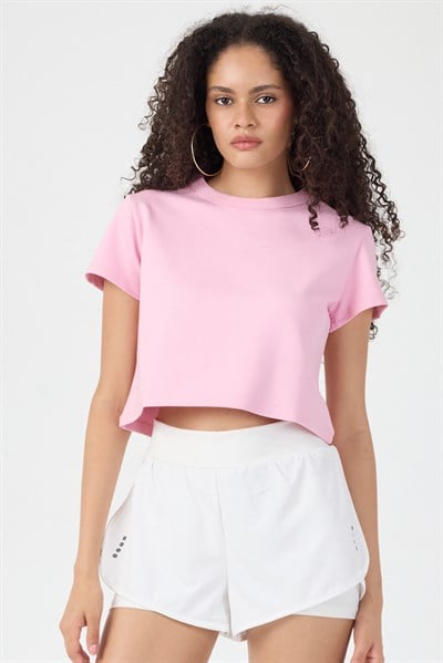 Normal Kalıp Çelik Interlook Kumaş T-Shirt Kadın Pembe T-sHİRT TBTSHRT030