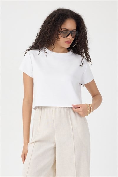 Normal Kalıp Çelik Interlook Kumaş T-Shirt Kadın Beyaz T-sHİRT TBTSHRT030