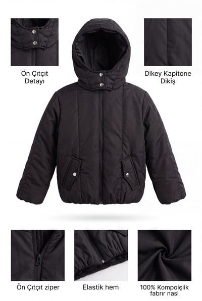 Normal Kalıp Düz Fermuarlı Kapüşonlu Mont Çocuk Unisex Siyah Mont TBDRV020