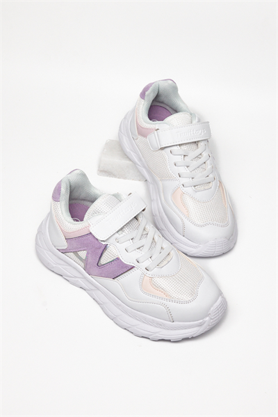 Rahat Kalıp Cırtlı Bağcıklı Sneaker Çocuk Unisex Beyaz Lila Sneaker TBKMN333