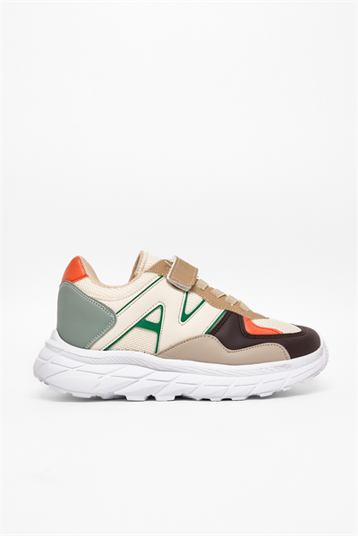 Rahat Kalıp Cırtlı Bağcıklı Sneaker Çocuk Unisex Krem Kahve Sneaker TBKMN333