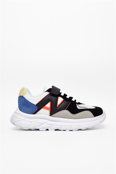 Rahat Kalıp Cırtlı Bağcıklı Sneaker Çocuk Unisex Siyah Beyaz Saks Sneaker TBKMN333