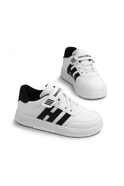 Rahat Kalıp Düz Hafif  Tabanlı Sneaker Çocuk Unisex Beyaz Siyah Sneaker TBÖZC1903