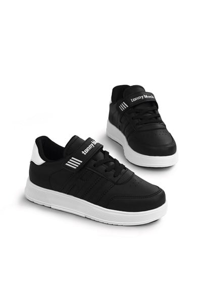 Rahat Kalıp Düz Hafif  Tabanlı Sneaker Çocuk Unisex Siyah Beyaz Cilt Sneaker TBÖZC1903