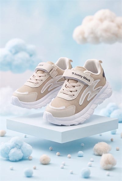 Rahat Kalıp Faylon Tabanlı Cırtlı Sneaker Çocuk Unisex Ekru Kahve Sneaker TBKRD020