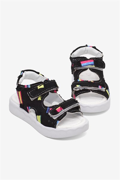 Rahat Kalıp Renk Desenli Çift Cırtlı Sandalet Çocuk Unisex Siyah Sandalet TBGRFS109
