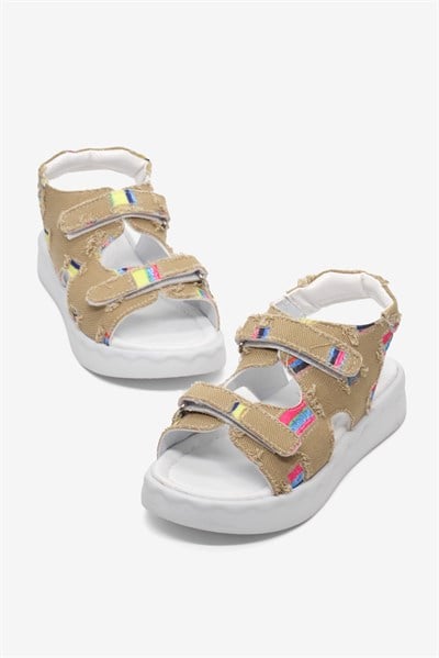 Rahat Kalıp Renk Desenli Çift Cırtlı Sandalet Çocuk Unisex Gold Sandalet TBGRFS109